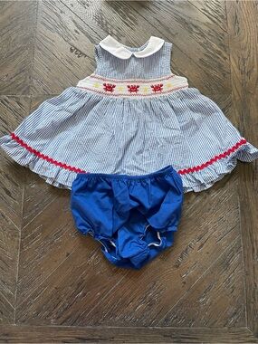Good Lad Blue Striped Smocked Dress with Red Crabs Size 9M